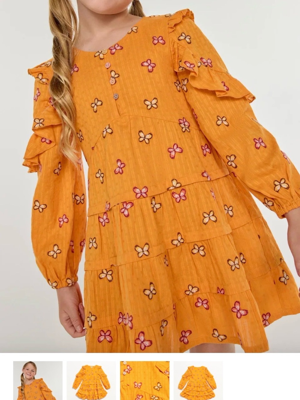 Finding Foxtale Girls Orange Butterfly Embroidered Tiered Dress Size 4 Boho